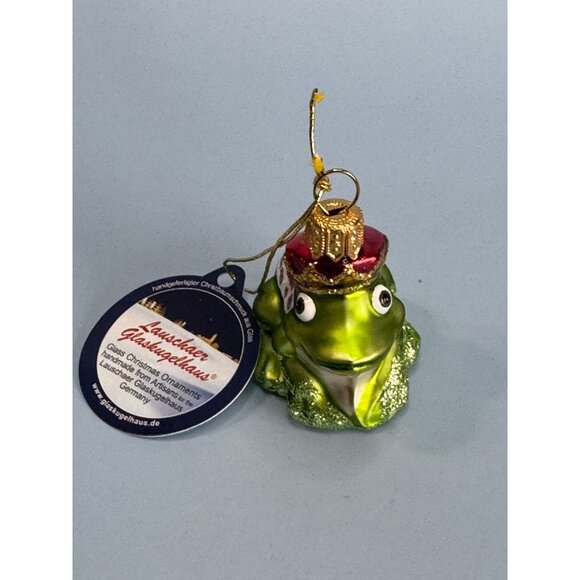 Handcrafted Lauschaer Glass Frog Christmas Ornament 2 1/4" High With Crown & Red - Picture 2 of 8